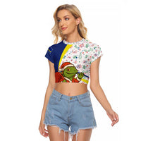 Curacao Christmas Raglan Cropped T Shirt with Santa Lizard Crown Gifts Snowflakes and Holiday Icons Design - Wonder Print Shop