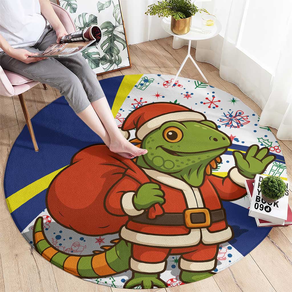 Curacao Christmas Round Carpet with Santa Lizard Crown Gifts Snowflakes and Holiday Icons Design - Wonder Print Shop