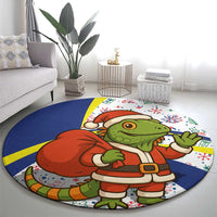 Curacao Christmas Round Carpet with Santa Lizard Crown Gifts Snowflakes and Holiday Icons Design - Wonder Print Shop