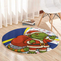 Curacao Christmas Round Carpet with Santa Lizard Crown Gifts Snowflakes and Holiday Icons Design - Wonder Print Shop