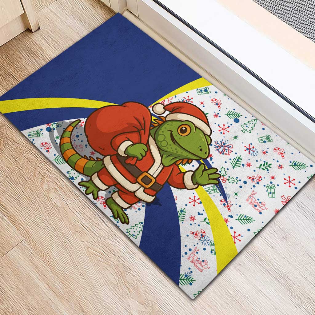 Curacao Christmas Rubber Doormat with Santa Lizard Crown Gifts Snowflakes and Holiday Icons Design - Wonder Print Shop