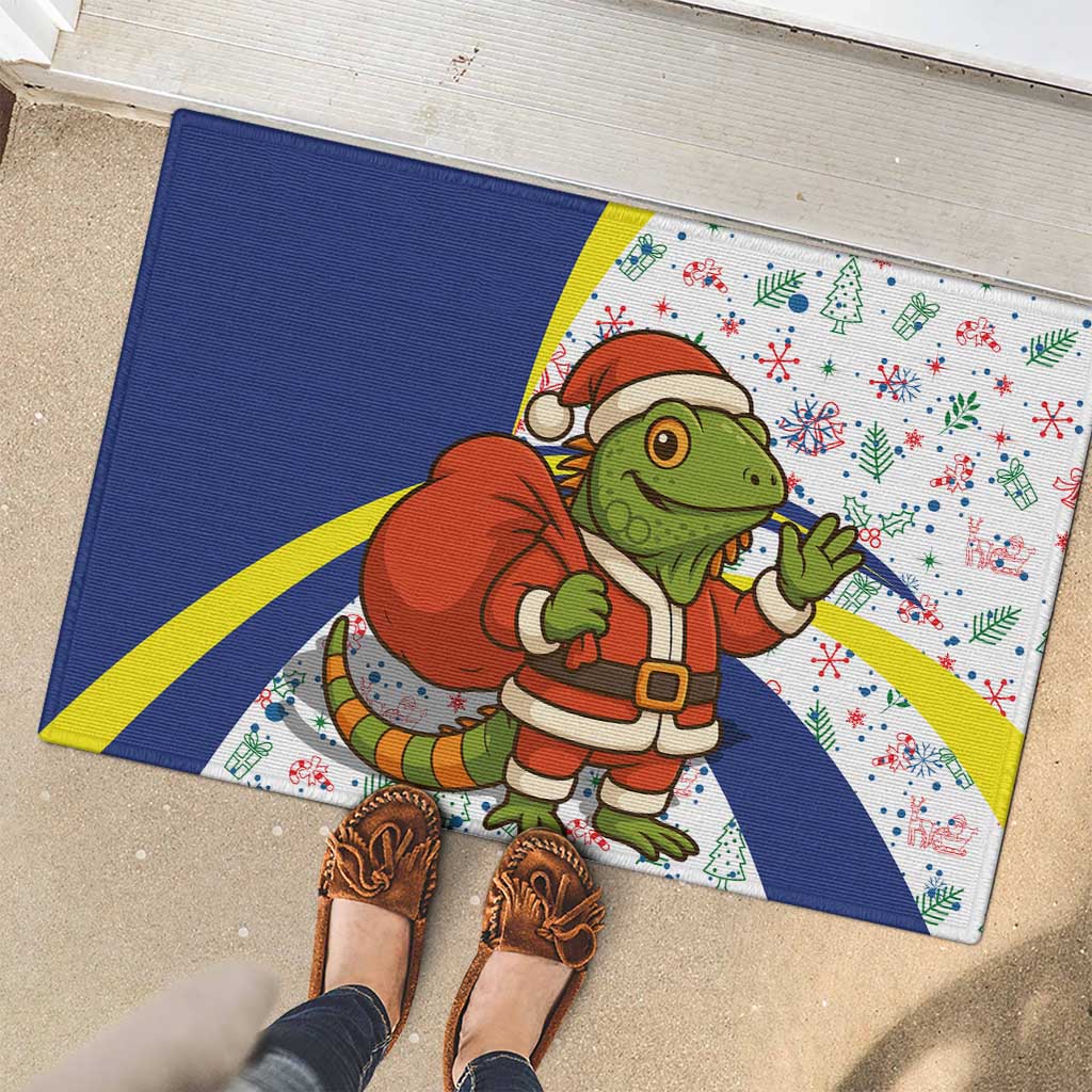 Curacao Christmas Rubber Doormat with Santa Lizard Crown Gifts Snowflakes and Holiday Icons Design - Wonder Print Shop