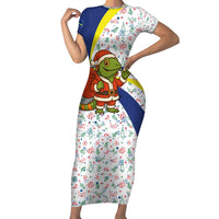 Curacao Christmas Short Sleeve Bodycon Dress with Santa Lizard Crown Gifts Snowflakes and Holiday Icons Design - Wonder Print Shop