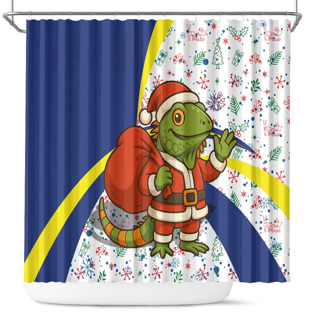 Curacao Christmas Shower Curtain with Santa Lizard Crown Gifts Snowflakes and Holiday Icons Design - Wonder Print Shop