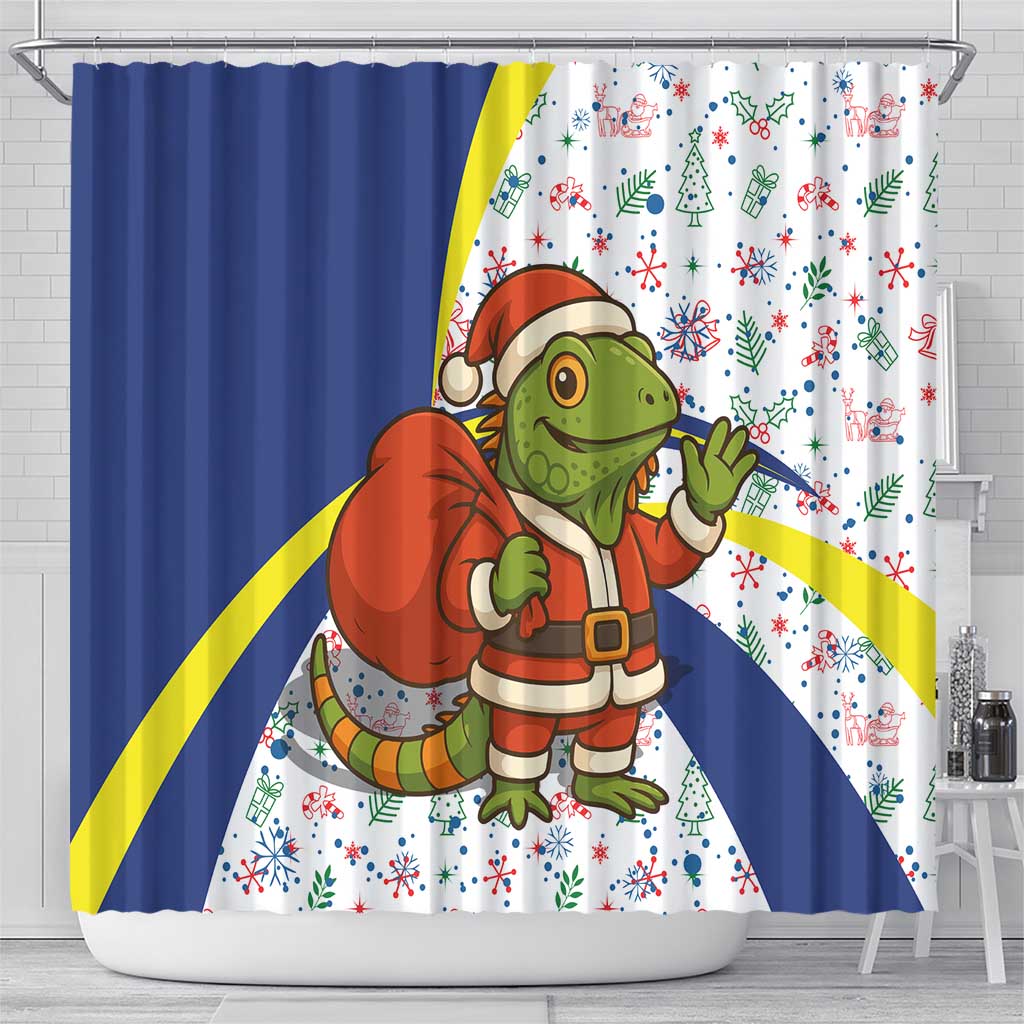 Curacao Christmas Shower Curtain with Santa Lizard Crown Gifts Snowflakes and Holiday Icons Design - Wonder Print Shop