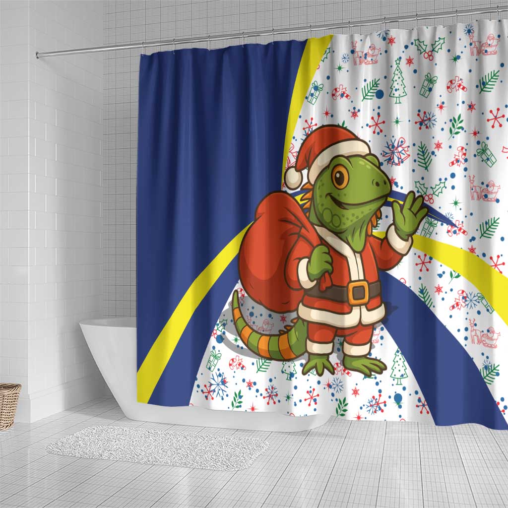 Curacao Christmas Shower Curtain with Santa Lizard Crown Gifts Snowflakes and Holiday Icons Design - Wonder Print Shop