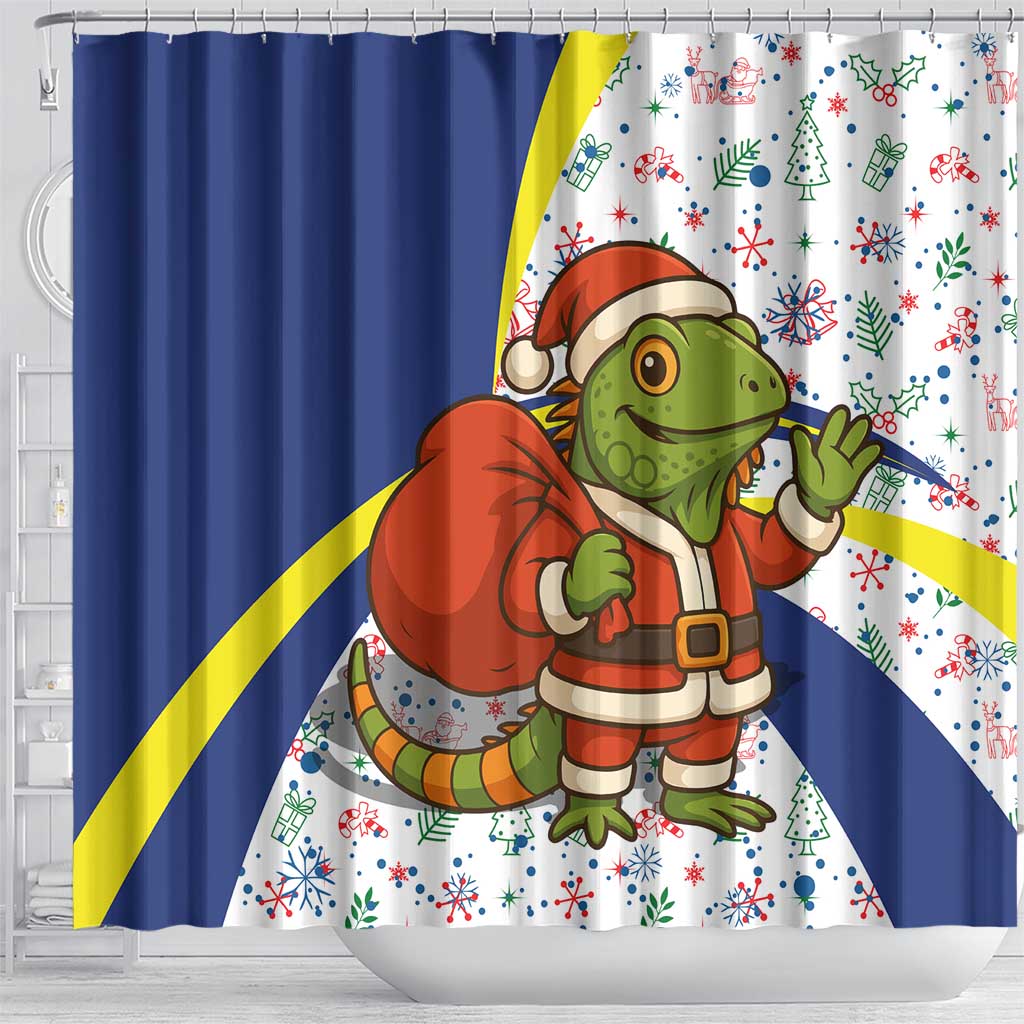 Curacao Christmas Shower Curtain with Santa Lizard Crown Gifts Snowflakes and Holiday Icons Design - Wonder Print Shop