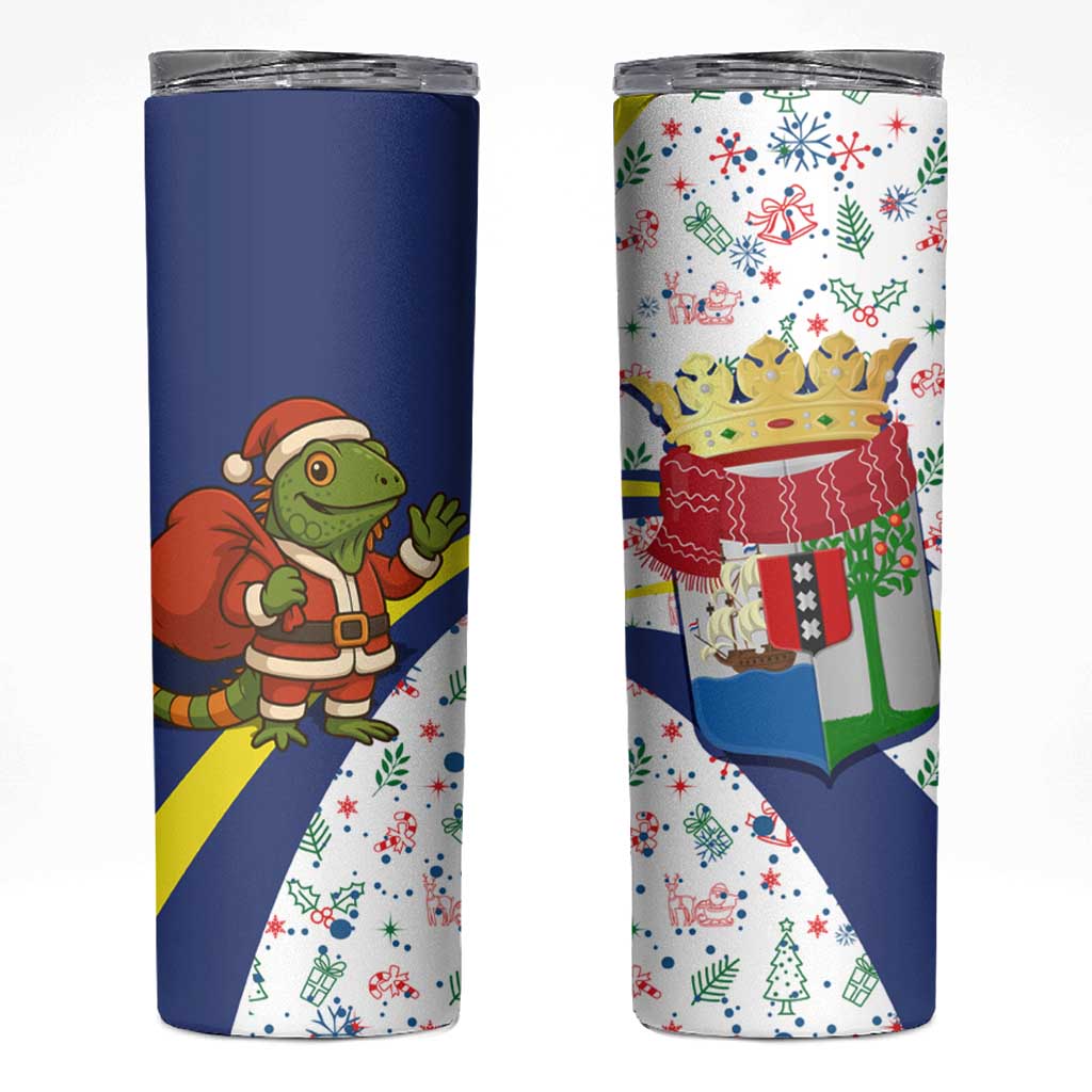 Curacao Christmas Skinny Tumbler with Santa Lizard Crown Gifts Snowflakes and Holiday Icons Design - Wonder Print Shop