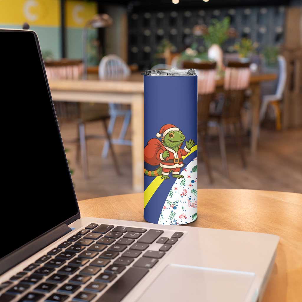 Curacao Christmas Skinny Tumbler with Santa Lizard Crown Gifts Snowflakes and Holiday Icons Design - Wonder Print Shop