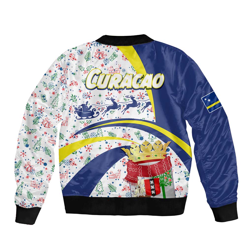 Curacao Christmas Sleeve Zip Bomber Jacket with Santa Lizard Crown Gifts Snowflakes and Holiday Icons Design - Wonder Print Shop