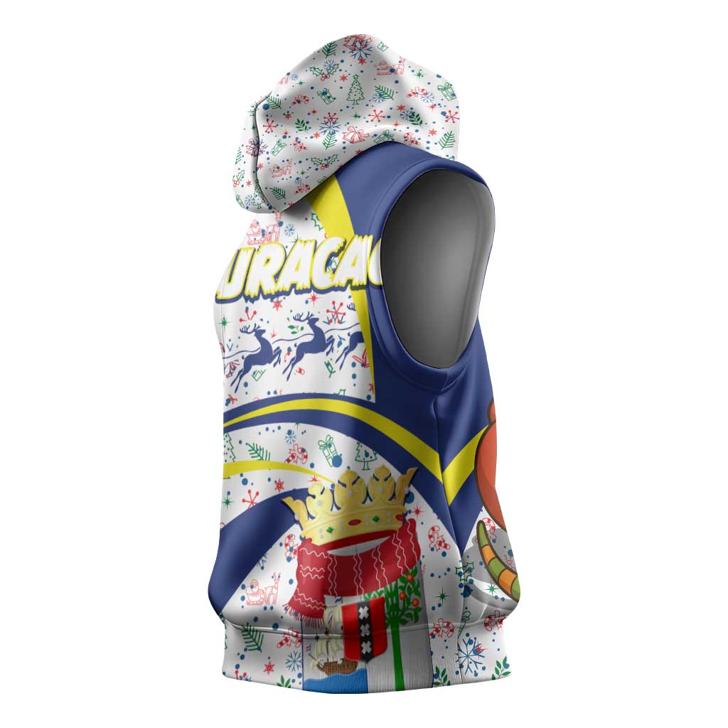 Curacao Christmas Sleeveless Hoodie with Santa Lizard Crown Gifts Snowflakes and Holiday Icons Design - Wonder Print Shop