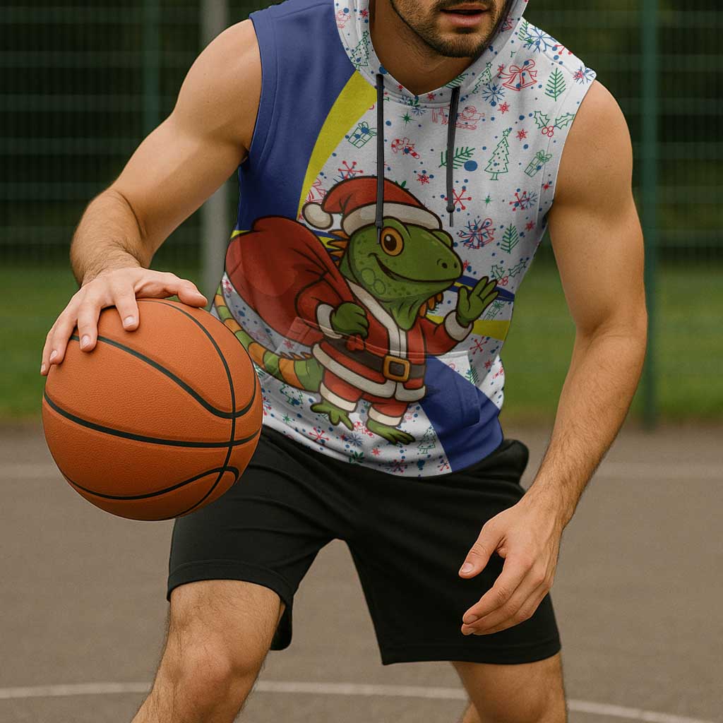 Curacao Christmas Sleeveless Hoodie with Santa Lizard Crown Gifts Snowflakes and Holiday Icons Design - Wonder Print Shop
