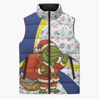 Curacao Christmas Sleeveless Puffer Jacket with Santa Lizard Crown Gifts Snowflakes and Holiday Icons Design - Wonder Print Shop