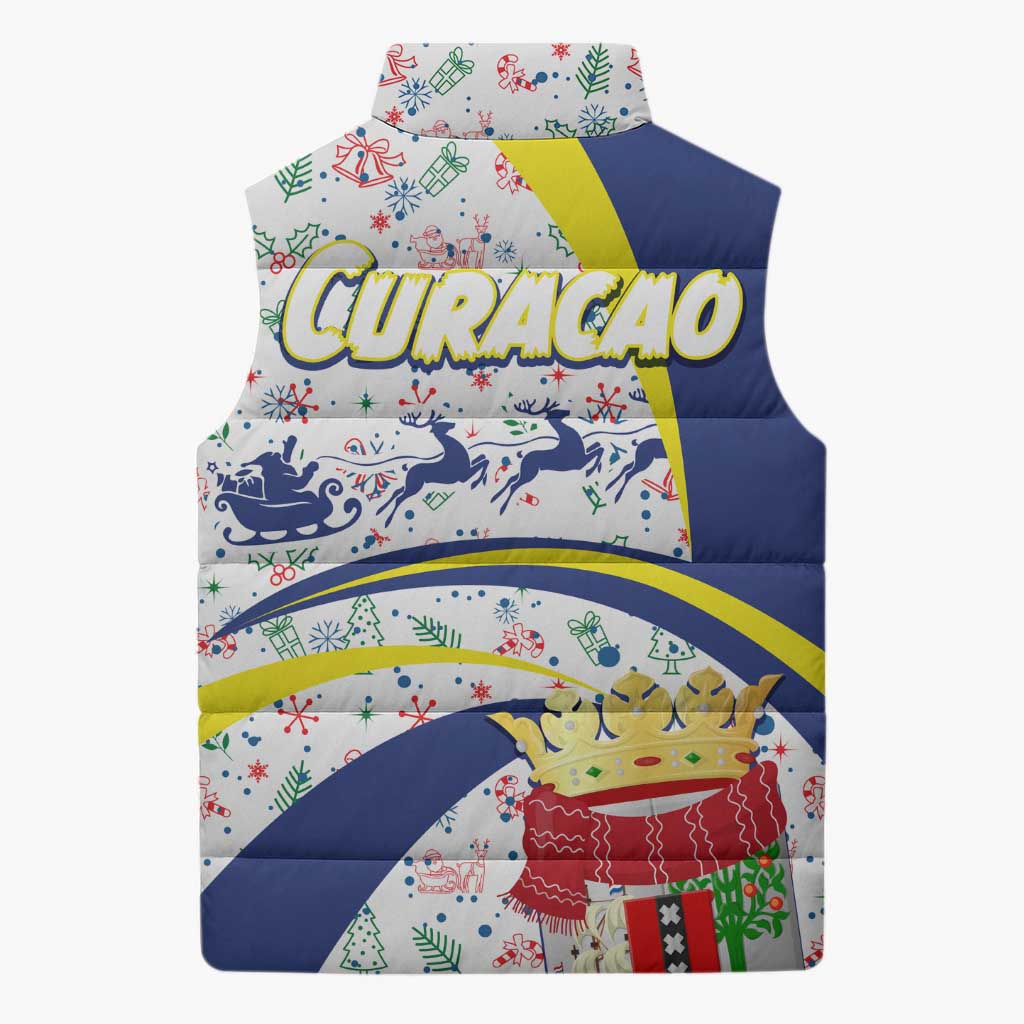Curacao Christmas Sleeveless Puffer Jacket with Santa Lizard Crown Gifts Snowflakes and Holiday Icons Design - Wonder Print Shop