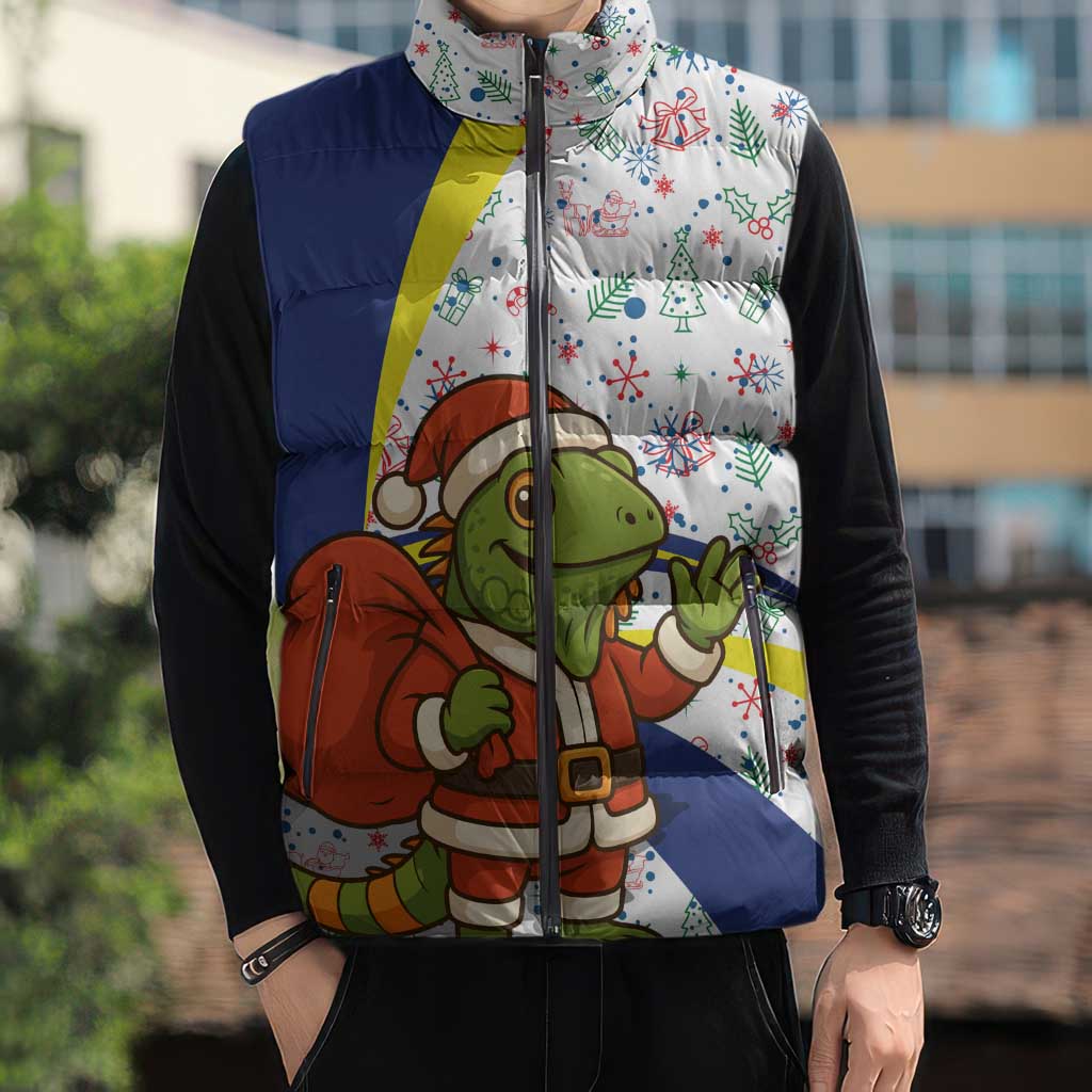 Curacao Christmas Sleeveless Puffer Jacket with Santa Lizard Crown Gifts Snowflakes and Holiday Icons Design - Wonder Print Shop