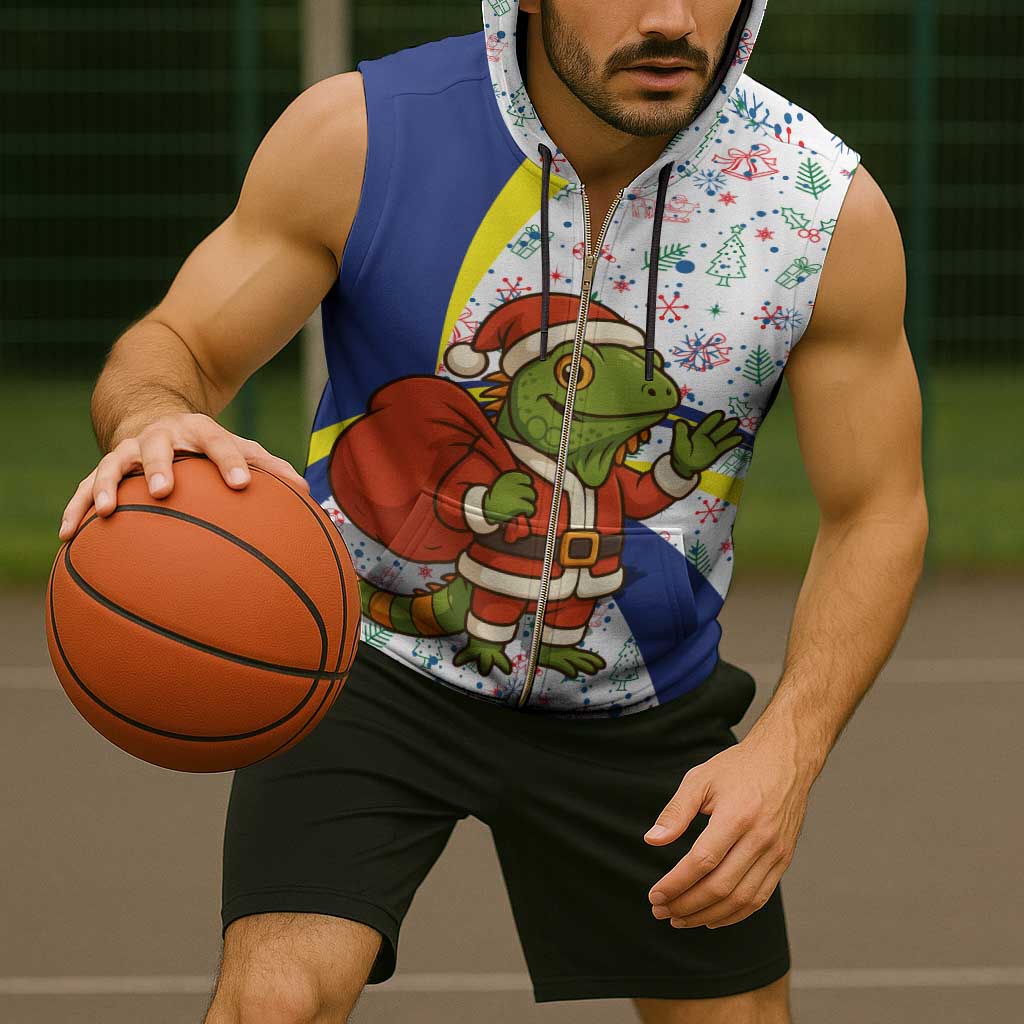 Curacao Christmas Sleeveless Zip Hoodie with Santa Lizard Crown Gifts Snowflakes and Holiday Icons Design - Wonder Print Shop