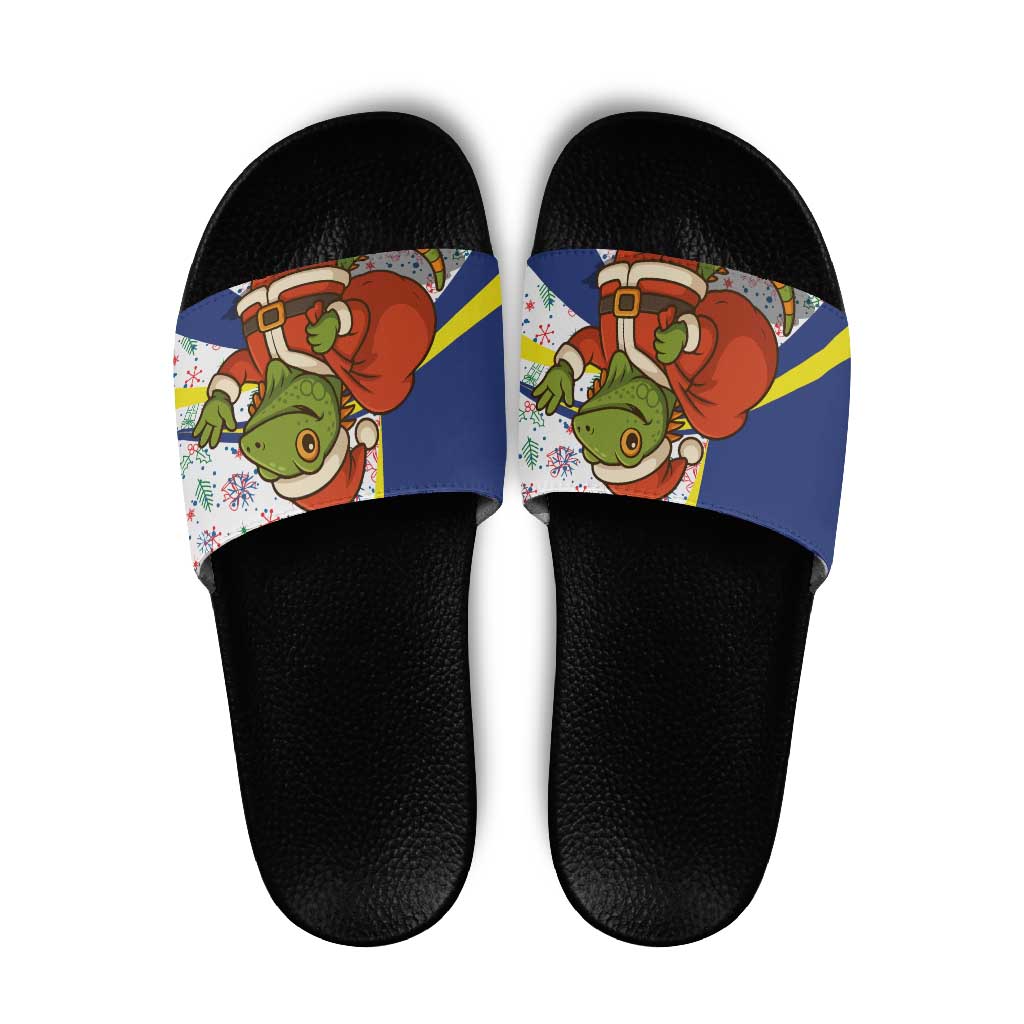 Curacao Christmas Slide Sandals with Santa Lizard Crown Gifts Snowflakes and Holiday Icons Design - Wonder Print Shop