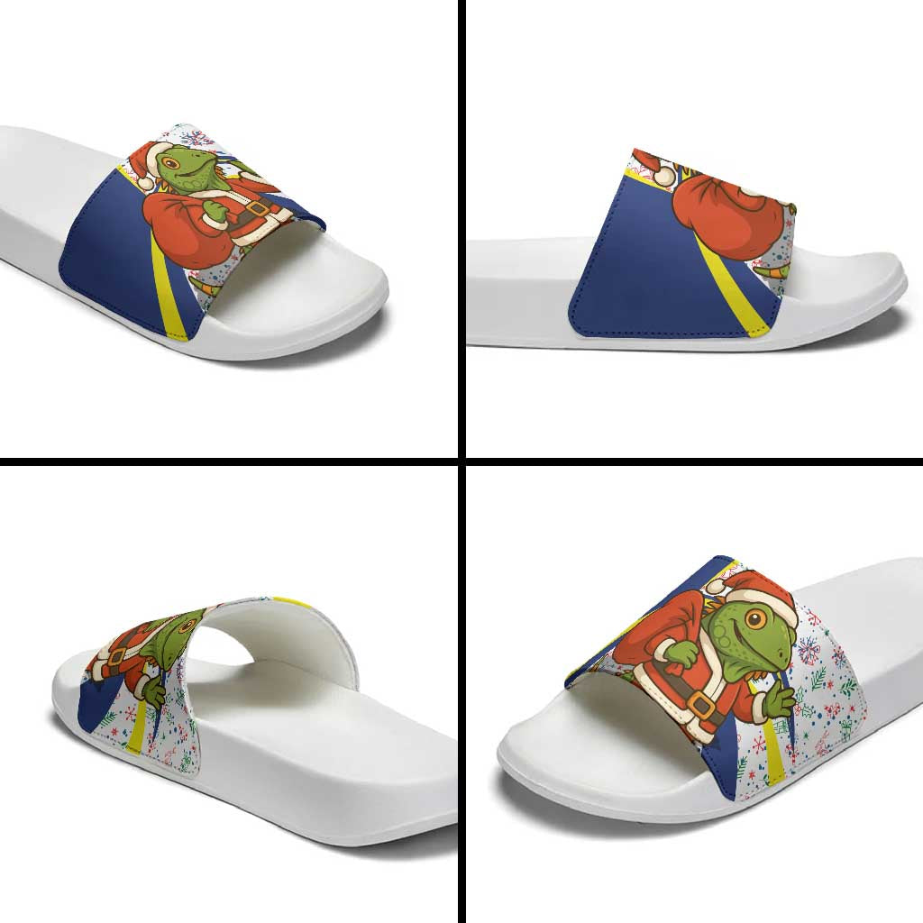 Curacao Christmas Slide Sandals with Santa Lizard Crown Gifts Snowflakes and Holiday Icons Design - Wonder Print Shop