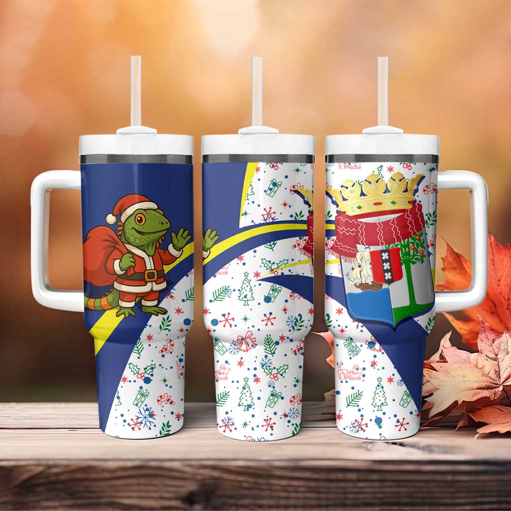 Curacao Christmas Tumbler With Handle with Santa Lizard Crown Gifts Snowflakes and Holiday Icons Design - Wonder Print Shop