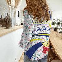 Curacao Christmas Women Casual Shirt with Santa Lizard Crown Gifts Snowflakes and Holiday Icons Design - Wonder Print Shop