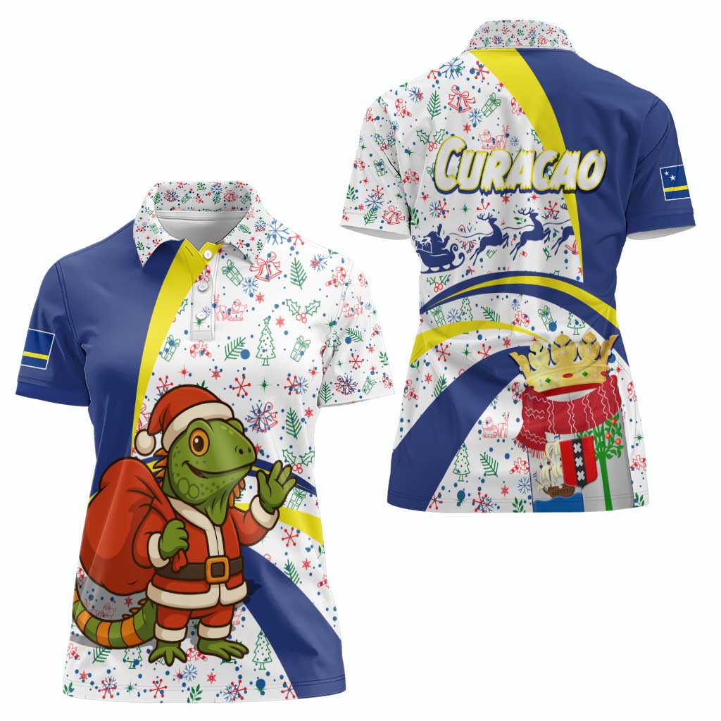 Curacao Christmas Women Polo Shirt with Santa Lizard Crown Gifts Snowflakes and Holiday Icons Design - Wonder Print Shop