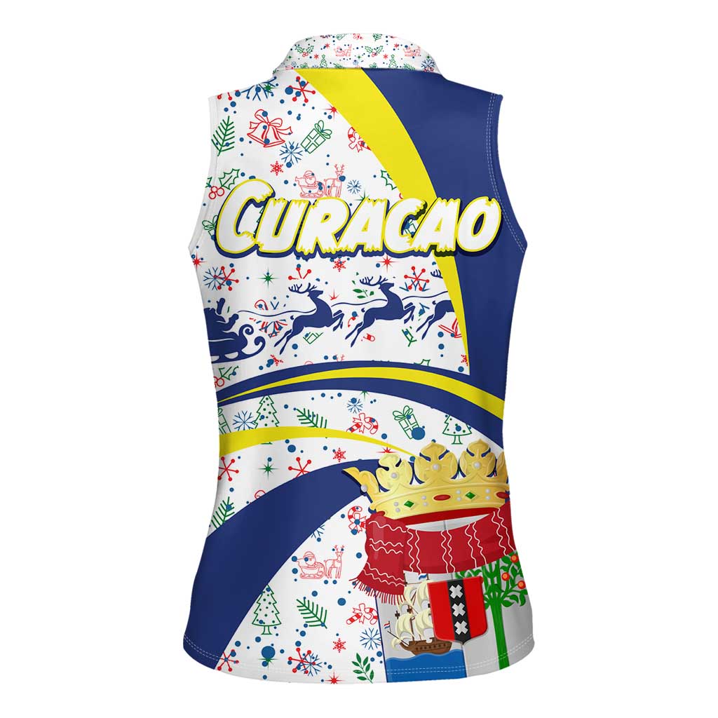 Curacao Christmas Women Sleeveless Polo Shirt with Santa Lizard Crown Gifts Snowflakes and Holiday Icons Design - Wonder Print Shop