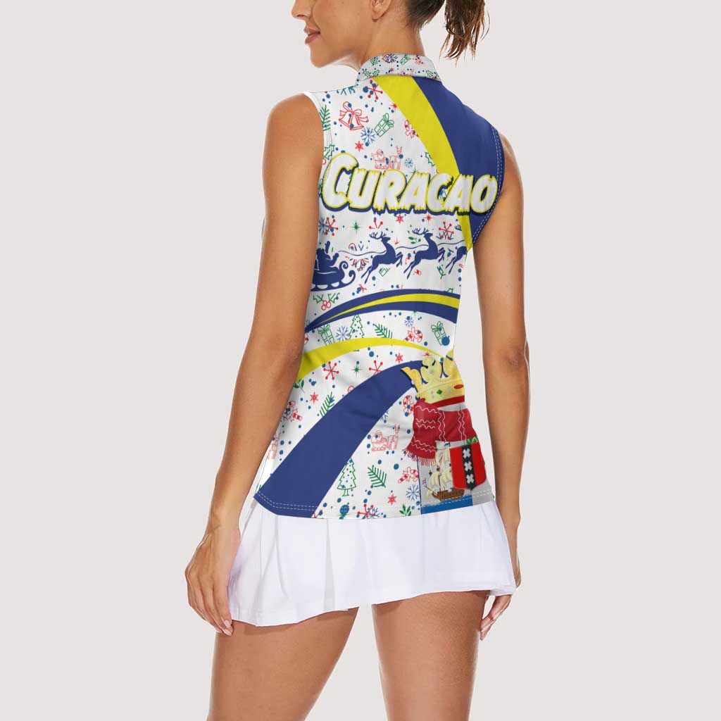 Curacao Christmas Women Sleeveless Polo Shirt with Santa Lizard Crown Gifts Snowflakes and Holiday Icons Design - Wonder Print Shop