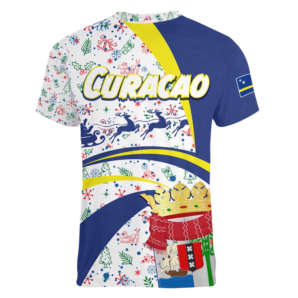 Curacao Christmas Women V-Neck T-Shirt with Santa Lizard Crown Gifts Snowflakes and Holiday Icons Design - Wonder Print Shop