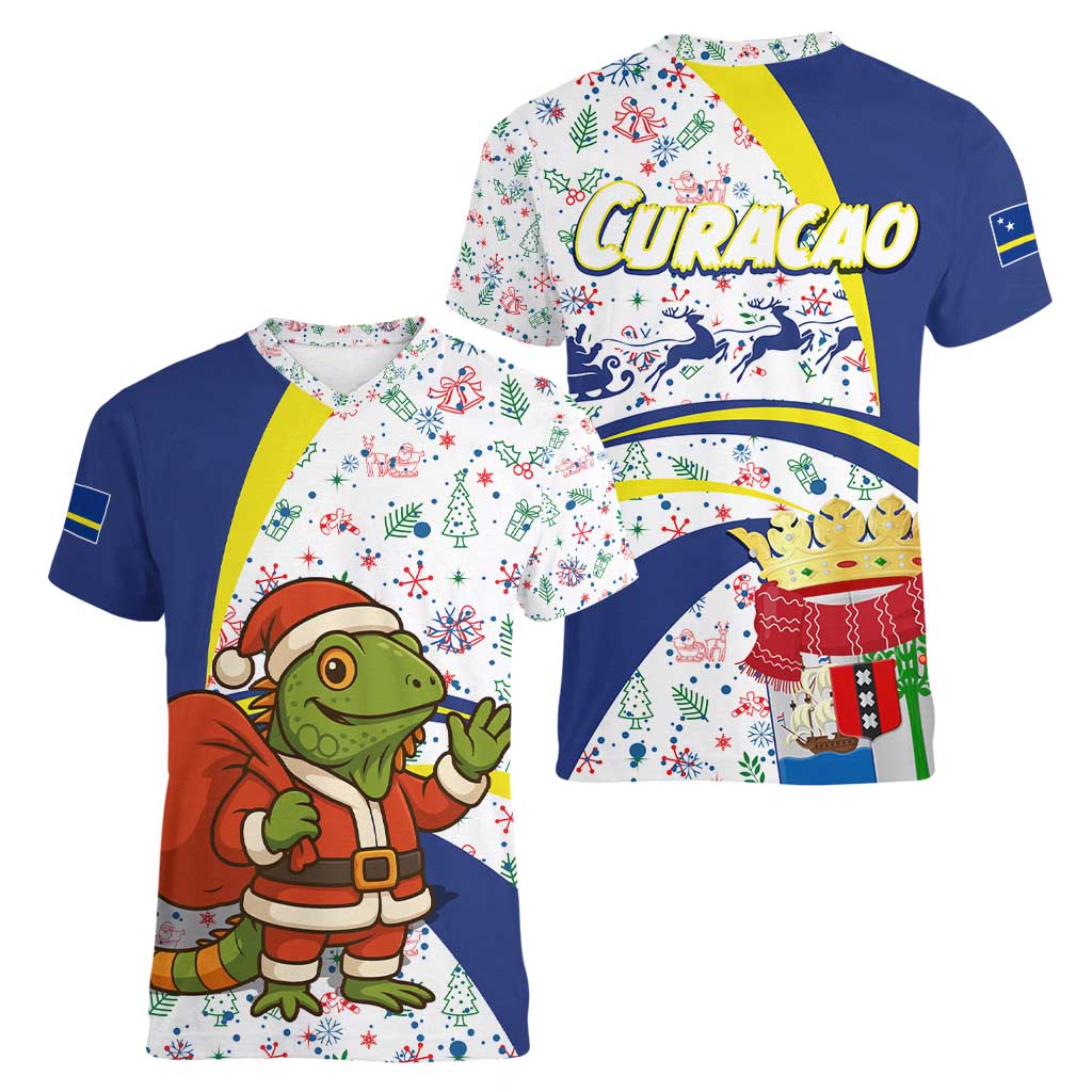 Curacao Christmas Women V-Neck T-Shirt with Santa Lizard Crown Gifts Snowflakes and Holiday Icons Design - Wonder Print Shop