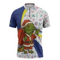 Curacao Christmas Zipper Polo Shirt with Santa Lizard Crown Gifts Snowflakes and Holiday Icons Design - Wonder Print Shop