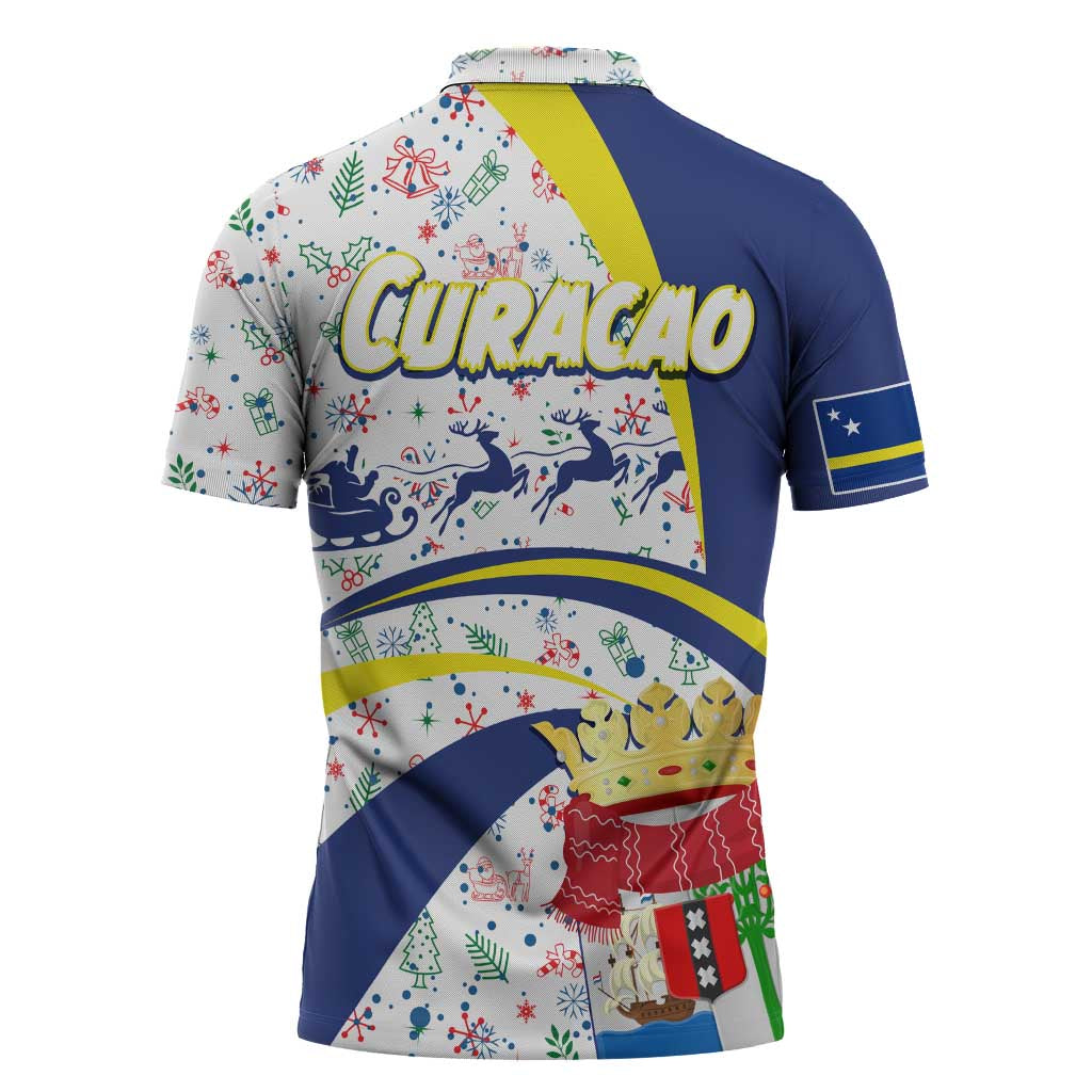 Curacao Christmas Zipper Polo Shirt with Santa Lizard Crown Gifts Snowflakes and Holiday Icons Design - Wonder Print Shop