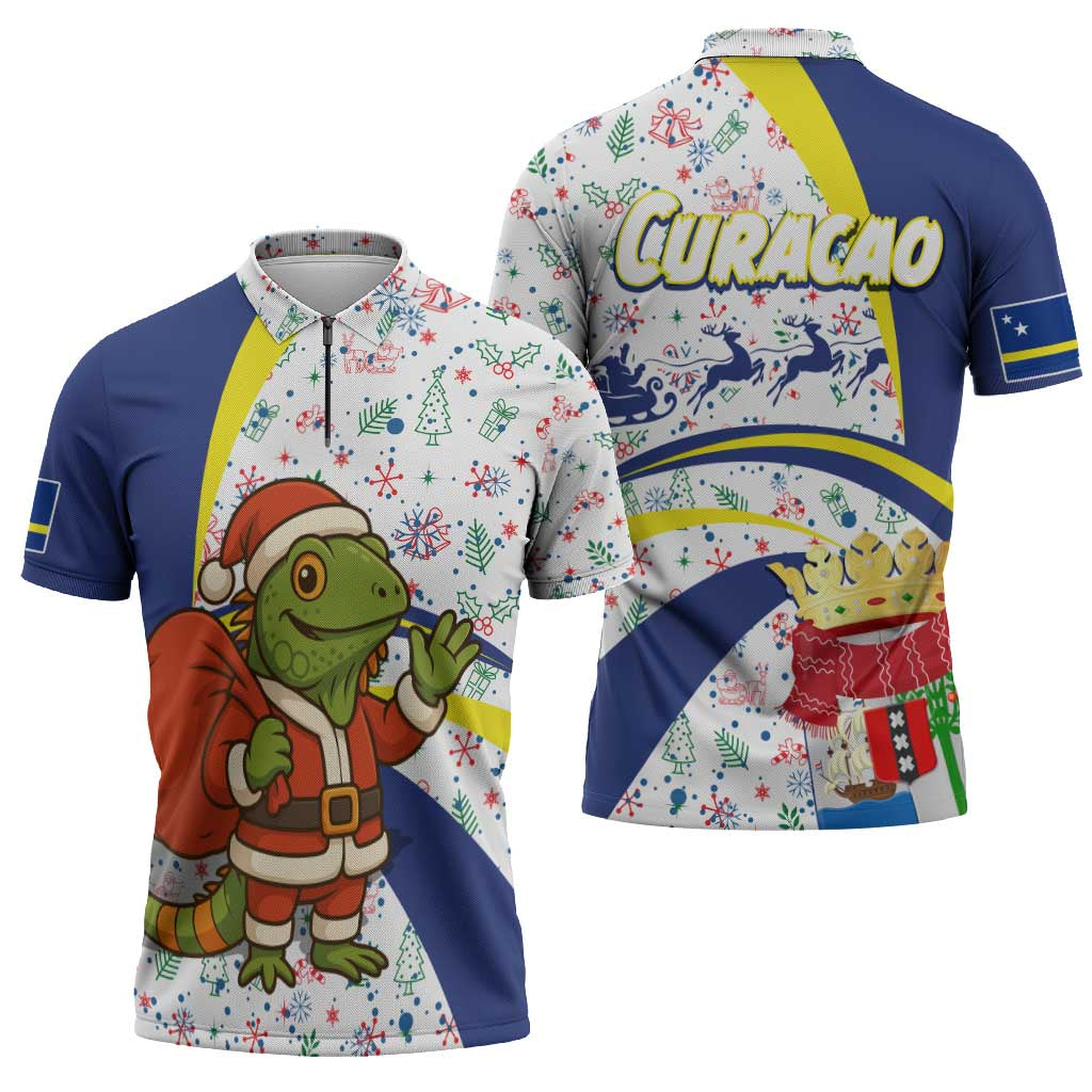 Curacao Christmas Zipper Polo Shirt with Santa Lizard Crown Gifts Snowflakes and Holiday Icons Design - Wonder Print Shop
