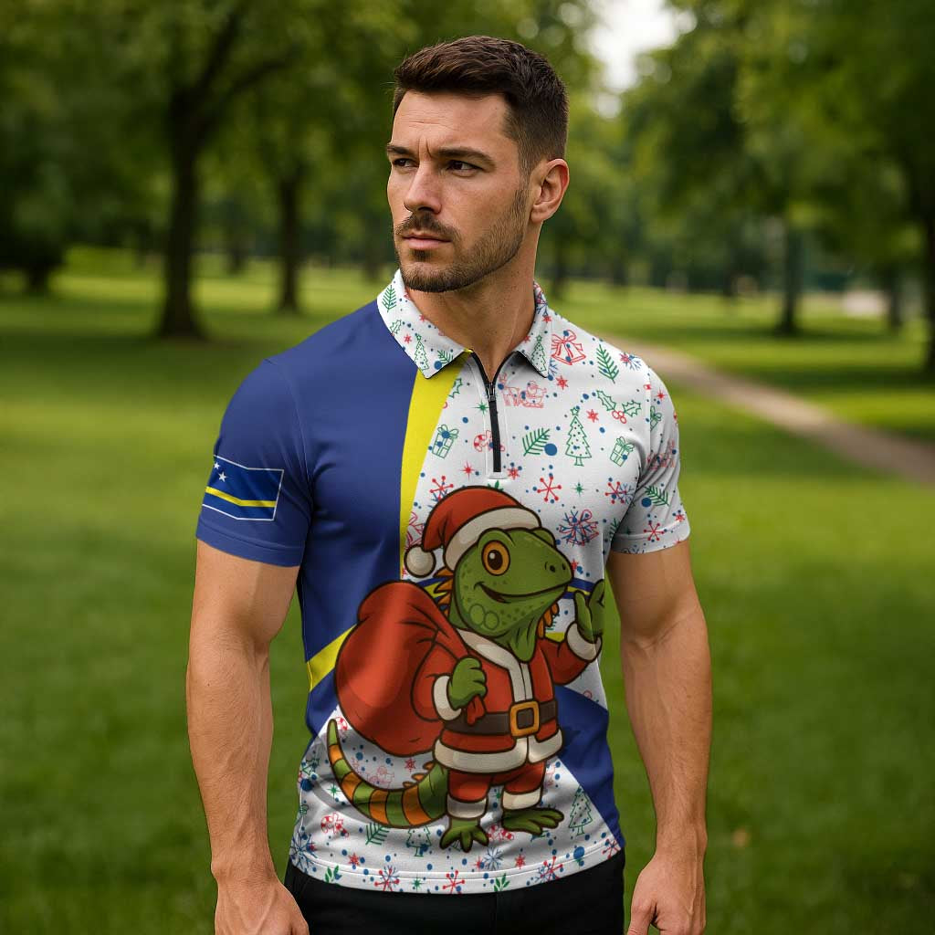 Curacao Christmas Zipper Polo Shirt with Santa Lizard Crown Gifts Snowflakes and Holiday Icons Design - Wonder Print Shop