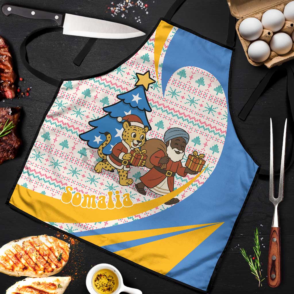 Somalia Christmas Apron with Santa Cheetah Christmas Tree Village Scene and Festive Snowflake - Wonder Print Shop