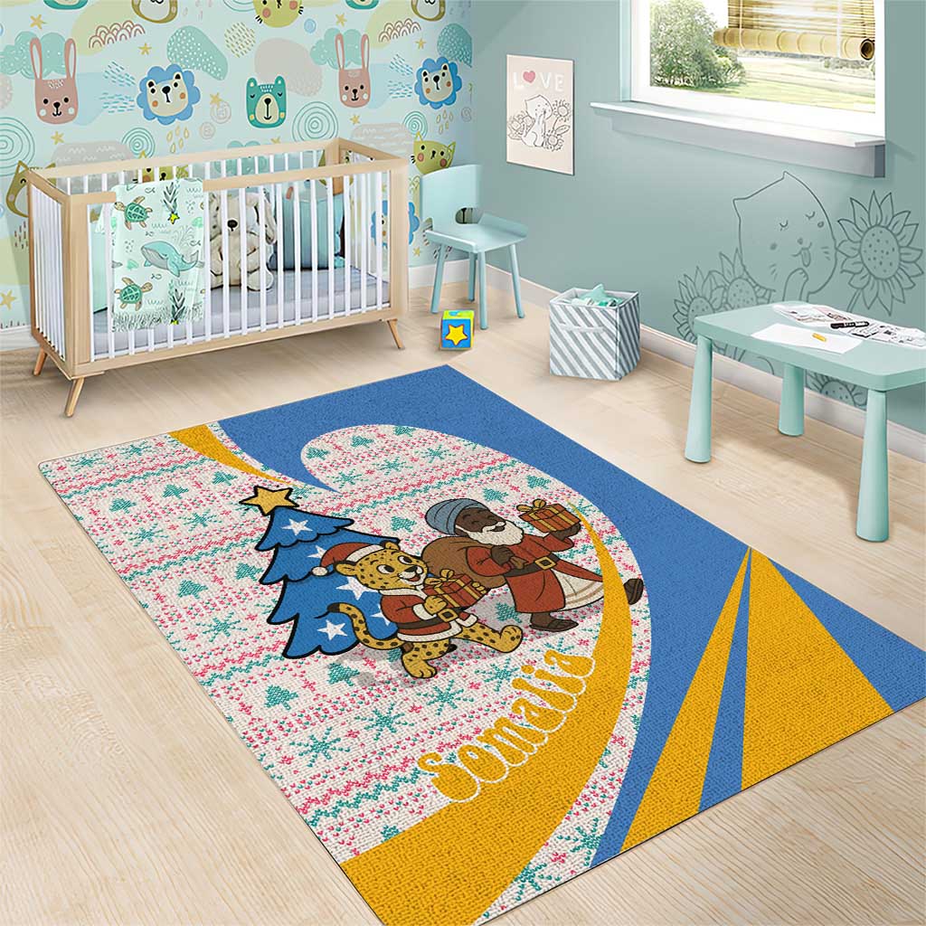 Somalia Christmas Area Rug with Santa Cheetah Christmas Tree Village Scene and Festive Snowflake - Wonder Print Shop