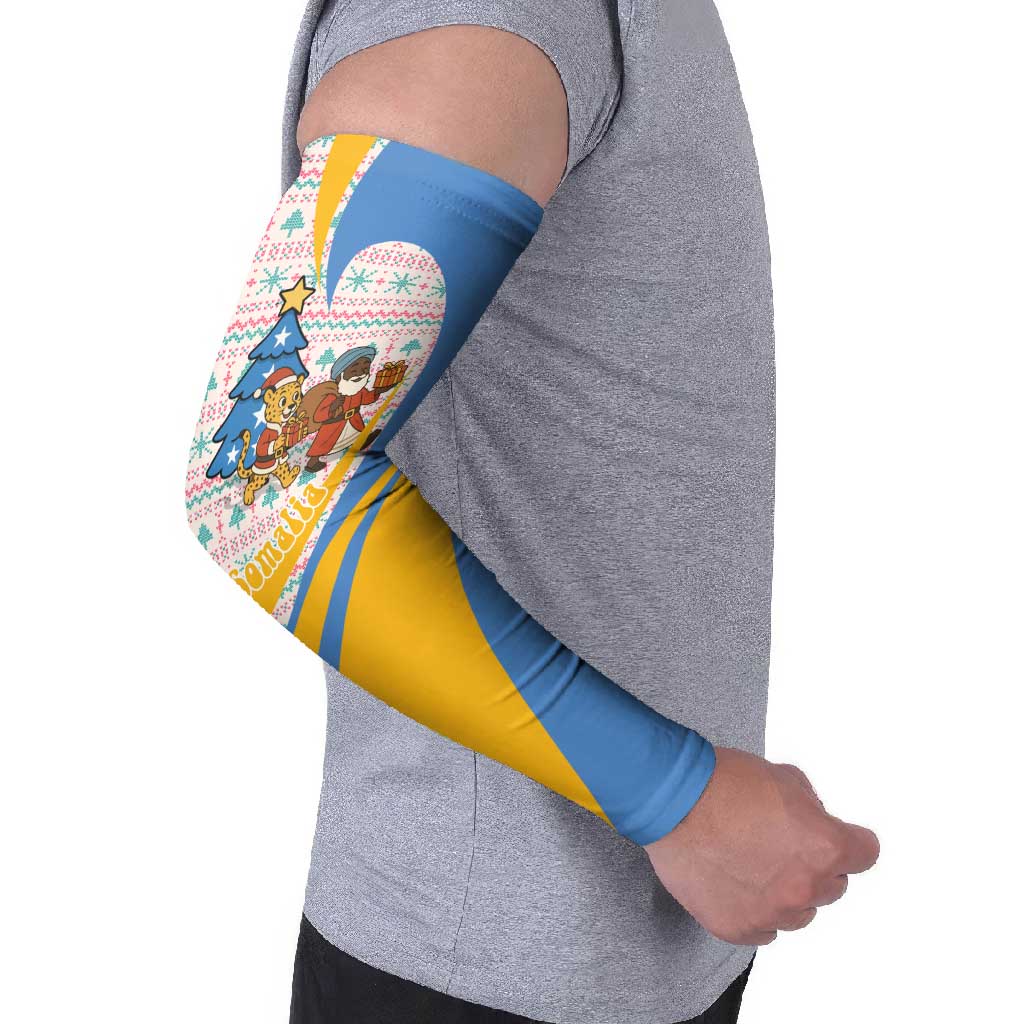 Somalia Christmas Arm Sleeves with Santa Cheetah Christmas Tree Village Scene and Festive Snowflake - Wonder Print Shop