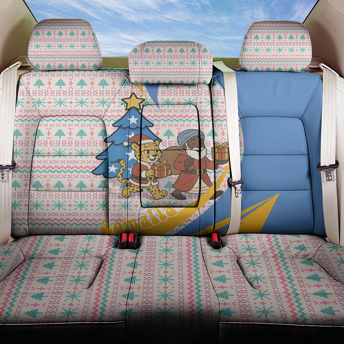 Somalia Christmas Back Car Seat Cover with Santa Cheetah Christmas Tree Village Scene and Festive Snowflake - Wonder Print Shop