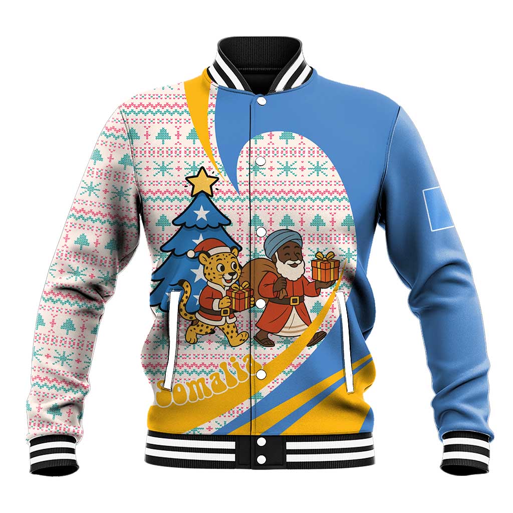 Somalia Christmas Baseball Jacket with Santa Cheetah Christmas Tree Village Scene and Festive Snowflake - Wonder Print Shop