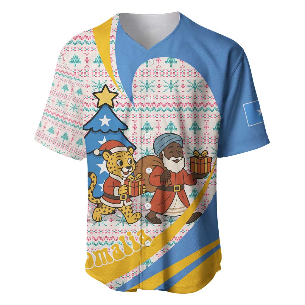 Somalia Christmas Baseball Jersey with Santa Cheetah Christmas Tree Village Scene and Festive Snowflake - Wonder Print Shop