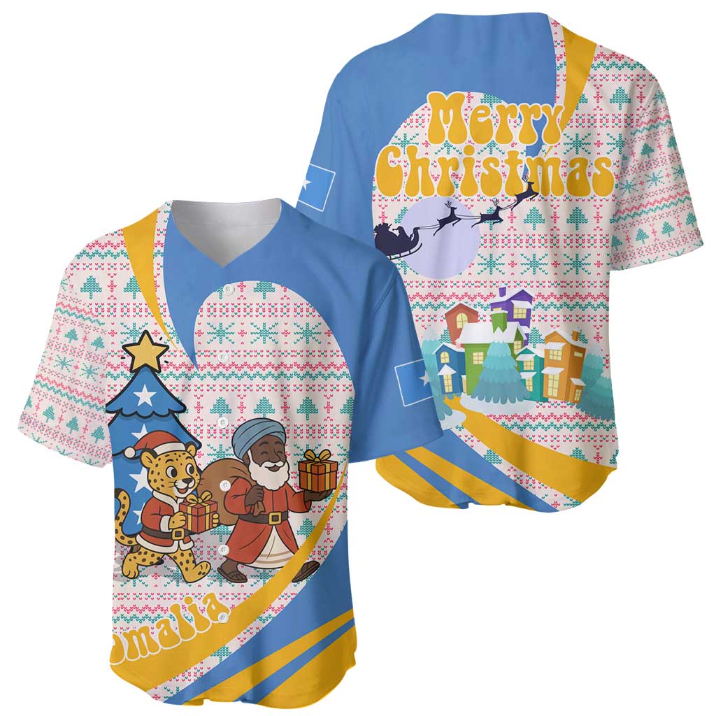 Somalia Christmas Baseball Jersey with Santa Cheetah Christmas Tree Village Scene and Festive Snowflake - Wonder Print Shop