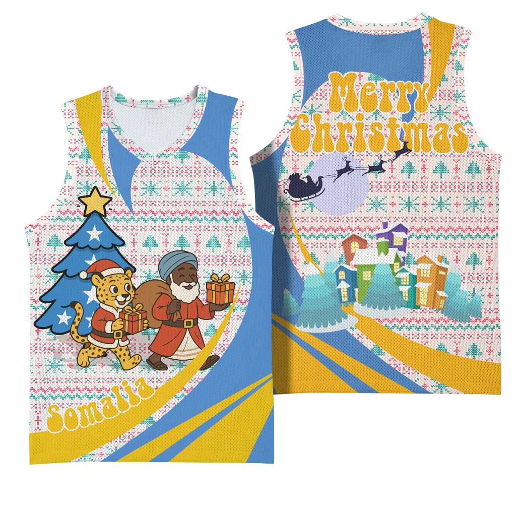 Somalia Christmas Basketball Jersey with Santa Cheetah Christmas Tree Village Scene and Festive Snowflake - Wonder Print Shop