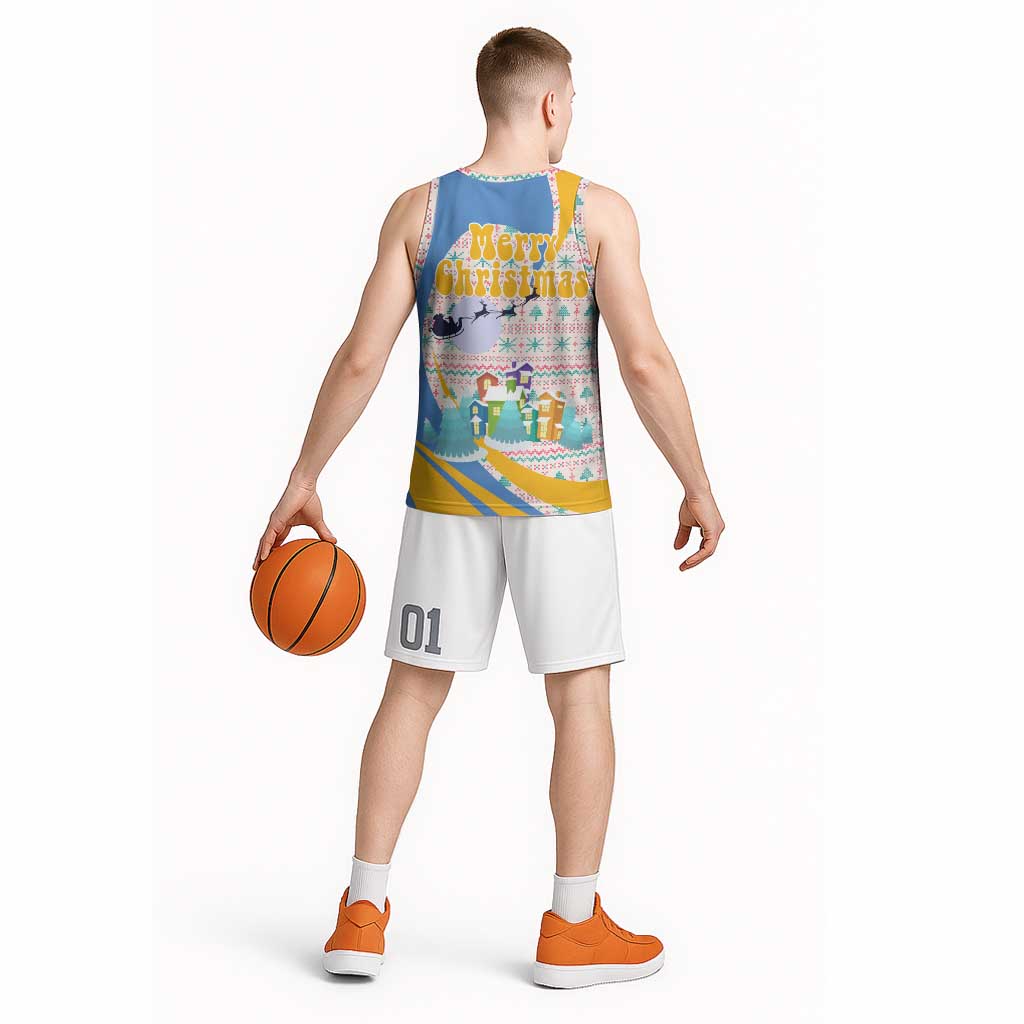Somalia Christmas Basketball Jersey with Santa Cheetah Christmas Tree Village Scene and Festive Snowflake - Wonder Print Shop