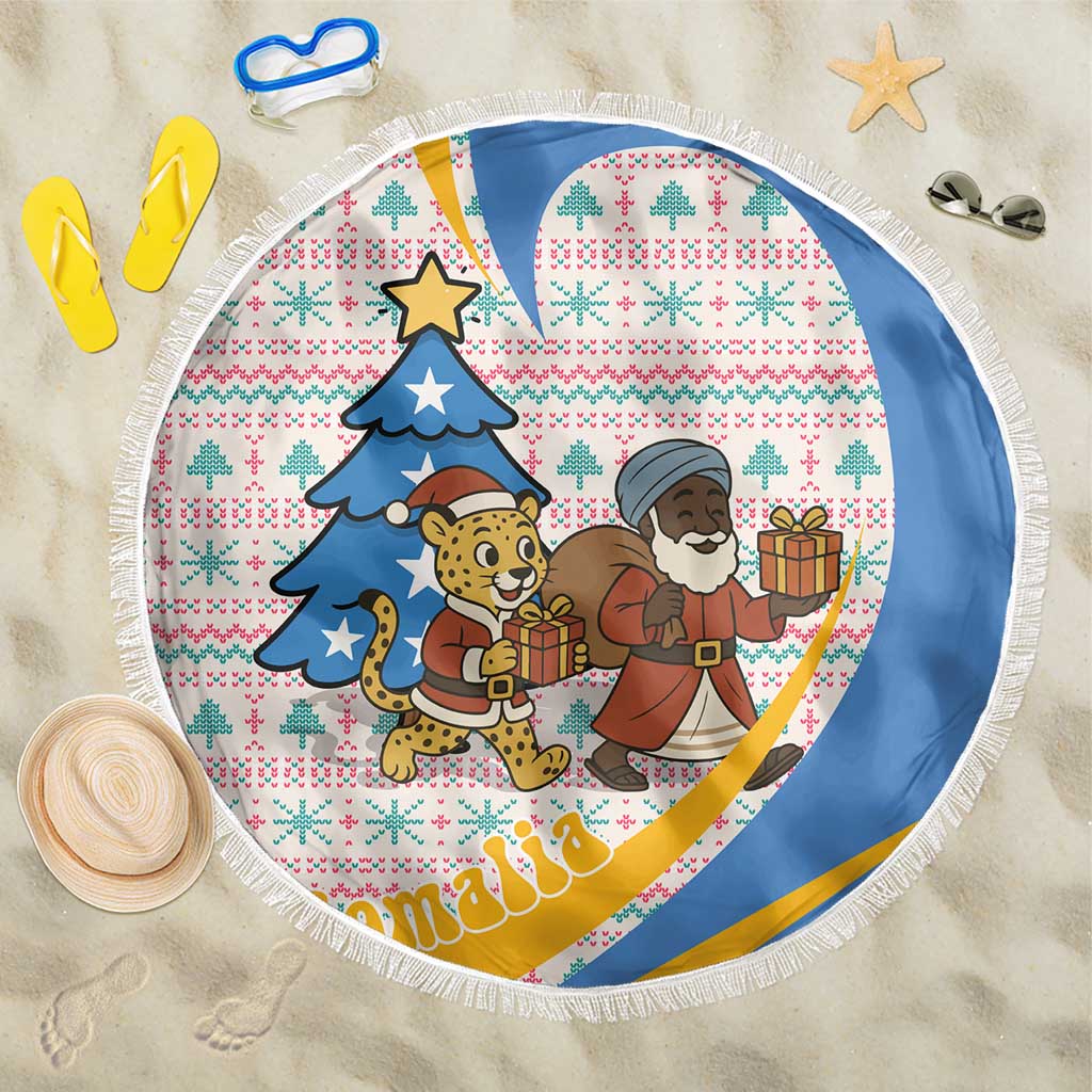 Somalia Christmas Beach Blanket with Santa Cheetah Christmas Tree Village Scene and Festive Snowflake - Wonder Print Shop