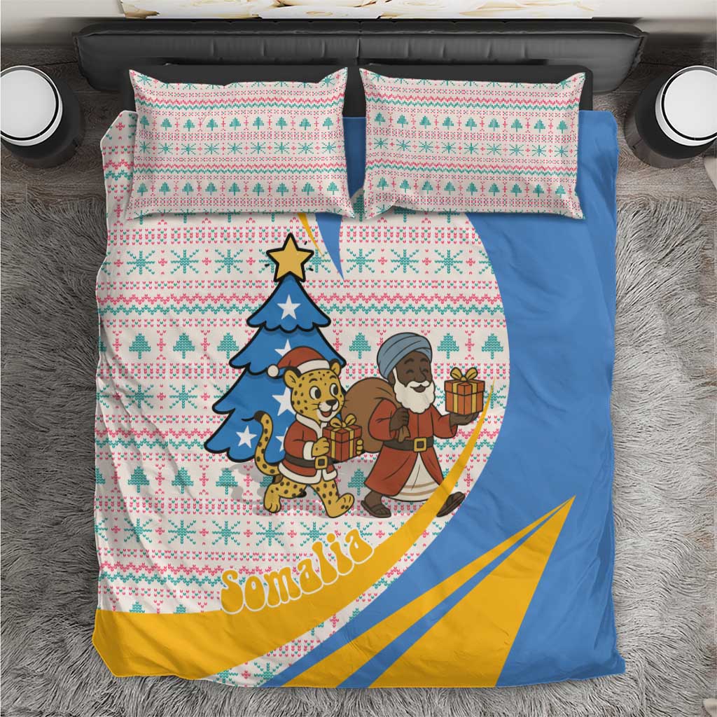 Somalia Christmas Bedding Set with Santa Cheetah Christmas Tree Village Scene and Festive Snowflake - Wonder Print Shop