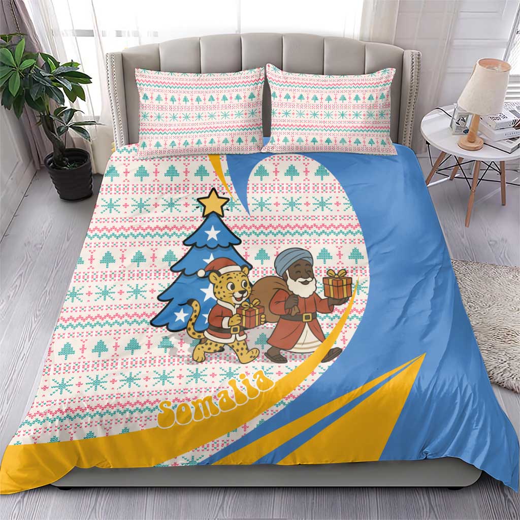 Somalia Christmas Bedding Set with Santa Cheetah Christmas Tree Village Scene and Festive Snowflake - Wonder Print Shop
