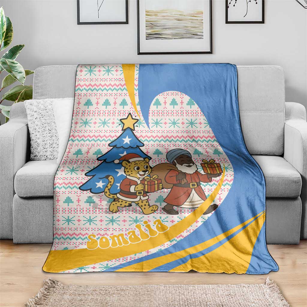 Somalia Christmas Blanket with Santa Cheetah Christmas Tree Village Scene and Festive Snowflake - Wonder Print Shop