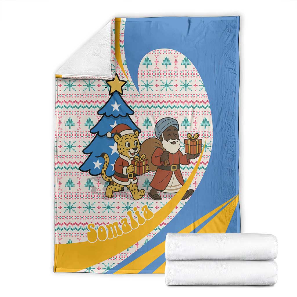 Somalia Christmas Blanket with Santa Cheetah Christmas Tree Village Scene and Festive Snowflake - Wonder Print Shop