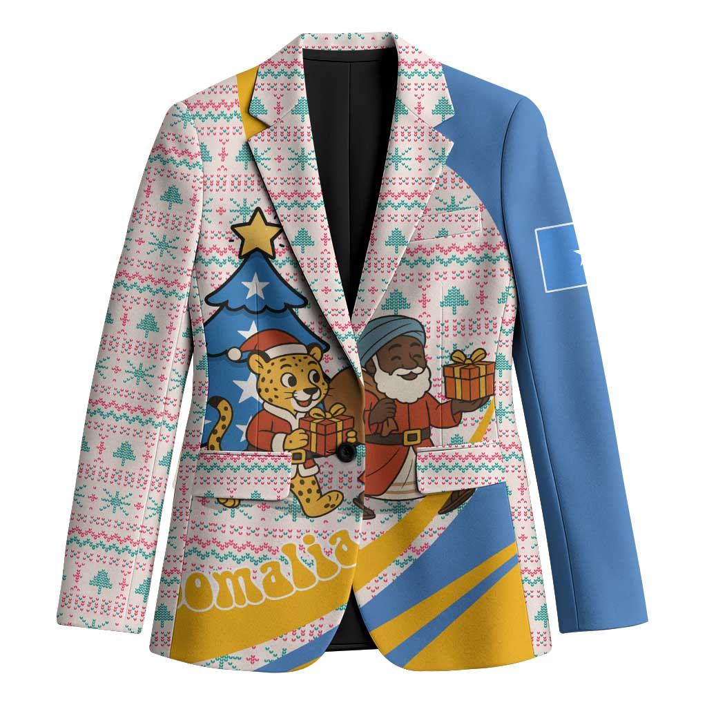 Somalia Christmas Blazer with Santa Cheetah Christmas Tree Village Scene and Festive Snowflake - Wonder Print Shop