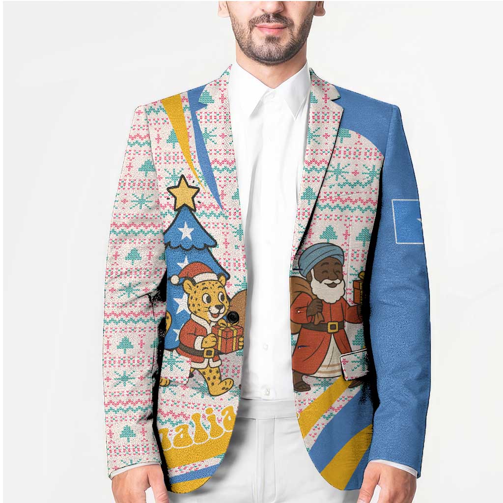 Somalia Christmas Blazer with Santa Cheetah Christmas Tree Village Scene and Festive Snowflake - Wonder Print Shop