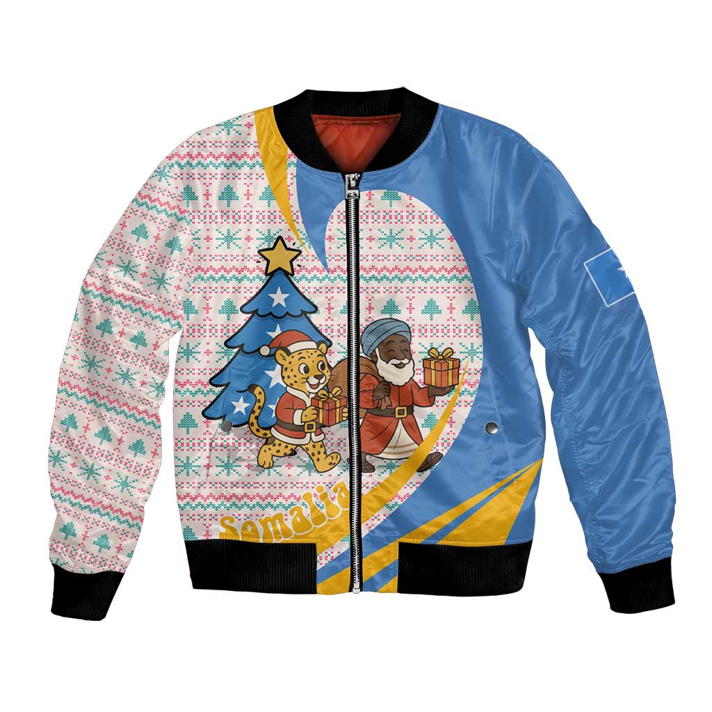Somalia Christmas Bomber Jacket with Santa Cheetah Christmas Tree Village Scene and Festive Snowflake - Wonder Print Shop